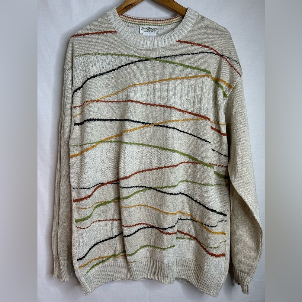 Norm Thompson Vintage Men's Cream Sweater with Multicolor Stripes Size XXL